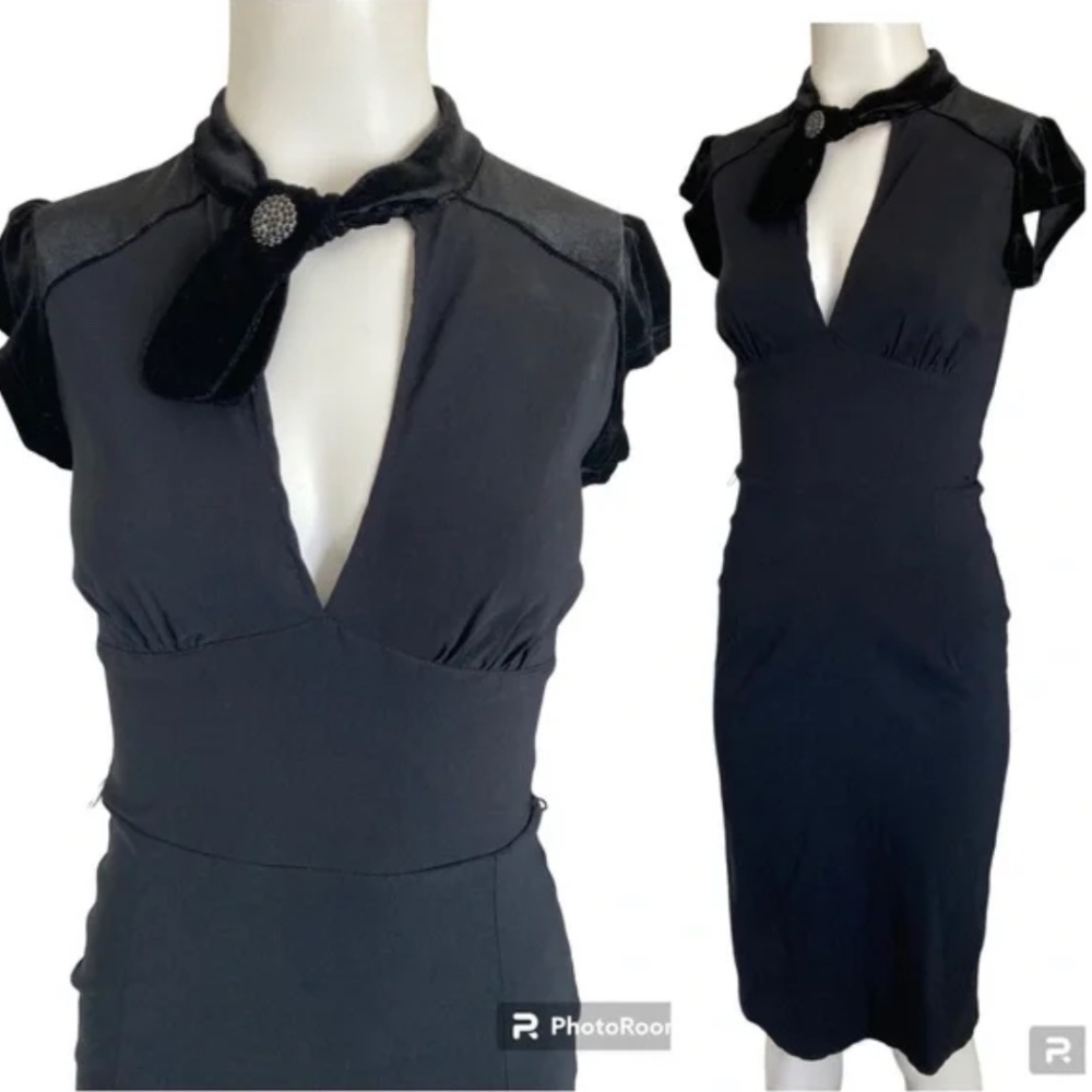 Pinup Couture Black Velvet Trim Cap Sleeve Wiggle Dress Retro Rockabilly Sz 2X